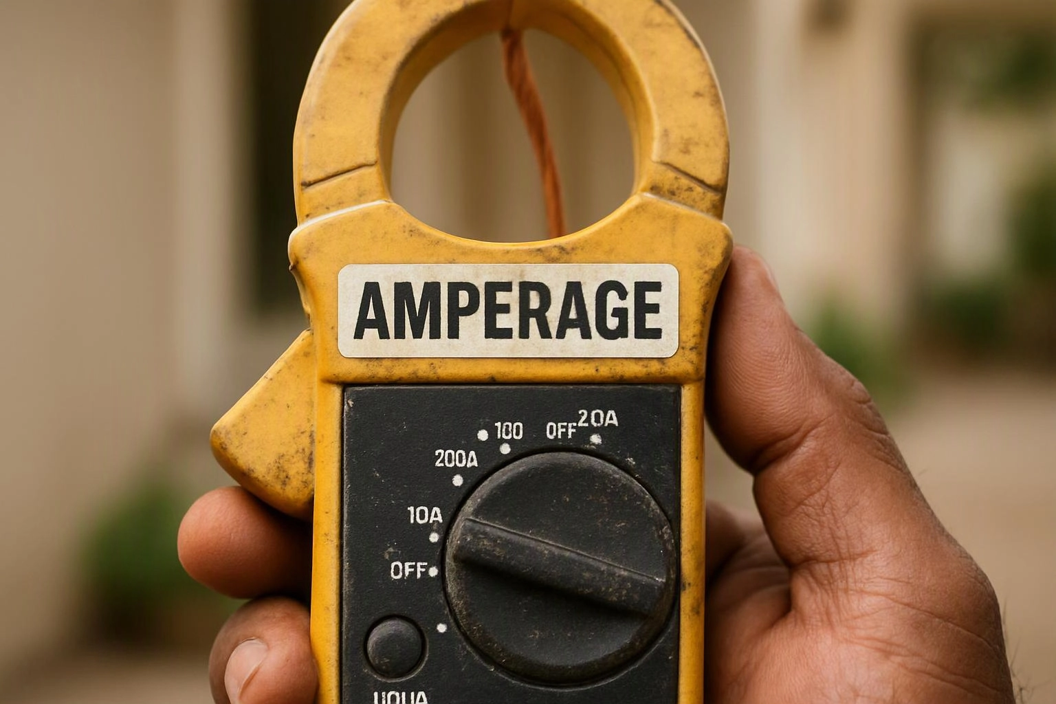 A hand holds a yellow clamp meter with a dial labeled AMPERAGE against a blurred indoor background