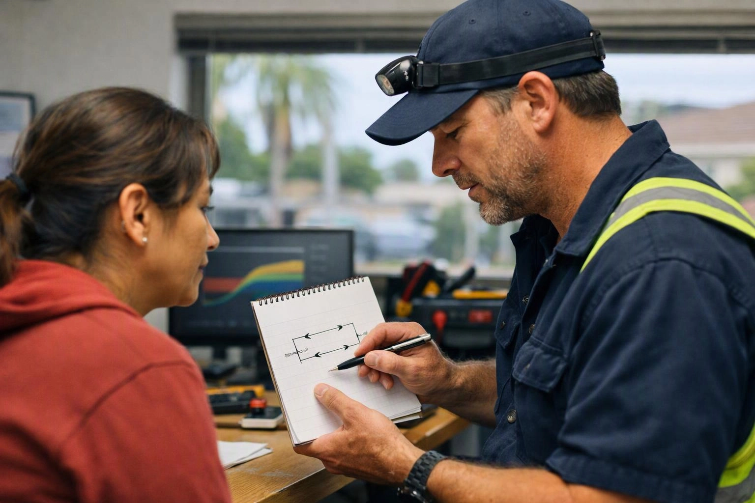 A worker in a cap shows a notebook sketch to a woman across a desk in an office