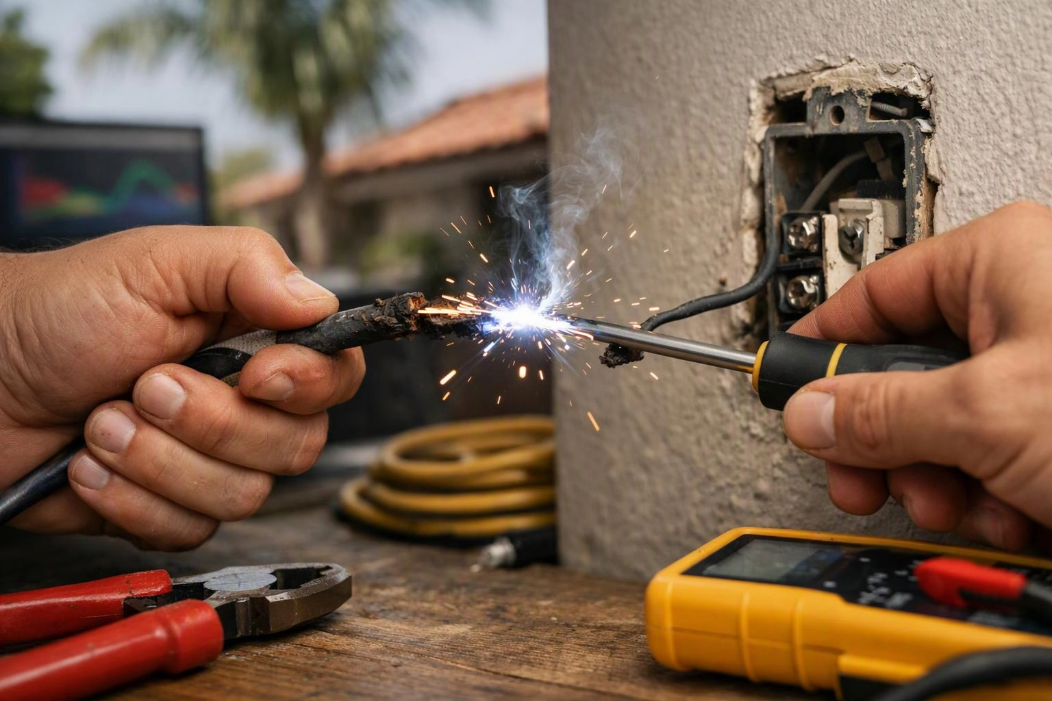 Hands hold a damaged wire and a screwdriver as sparks fly beside an open wall outlet outdoors