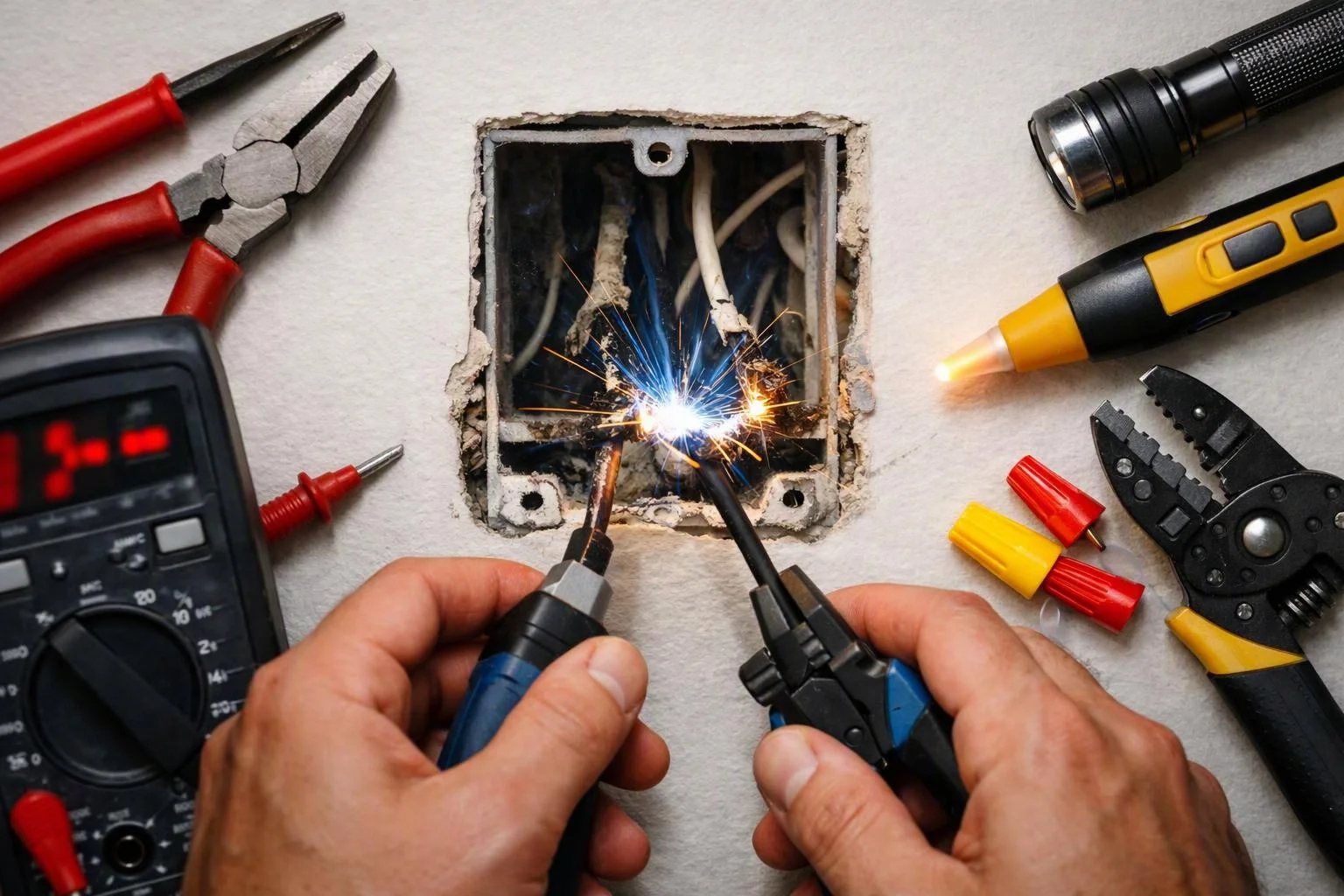 Hands hold electrical tools at a wall box while sparks fly from exposed wires during wiring work
