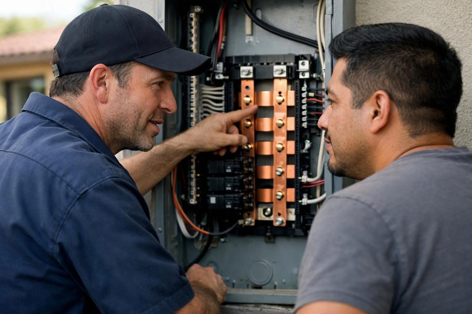 Two men inspect an open electrical panel, with one pointing at copper bus bars and wiring