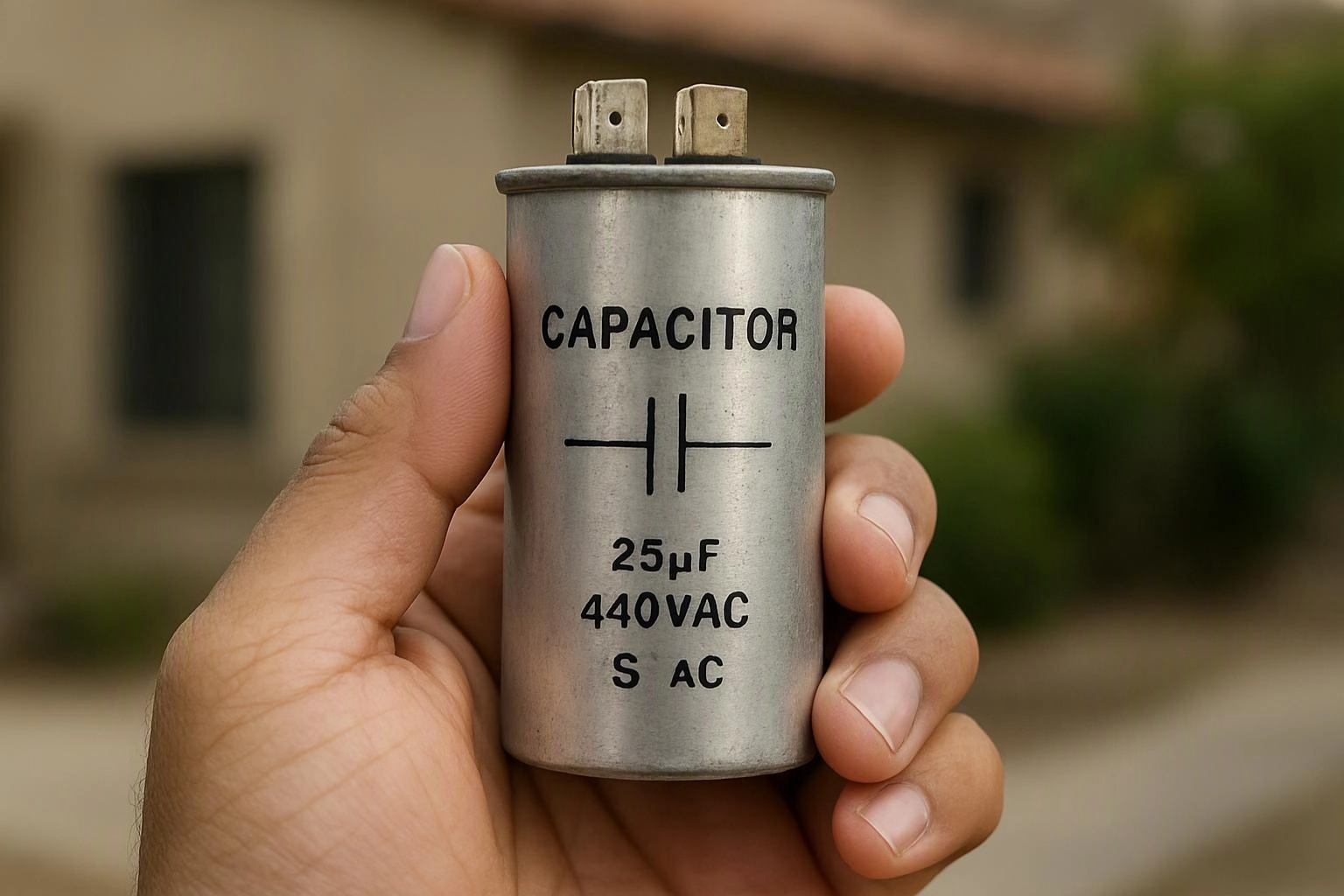 A hand holds a silver electrical capacitor labeled 25µF 440VAC against a blurred outdoor background