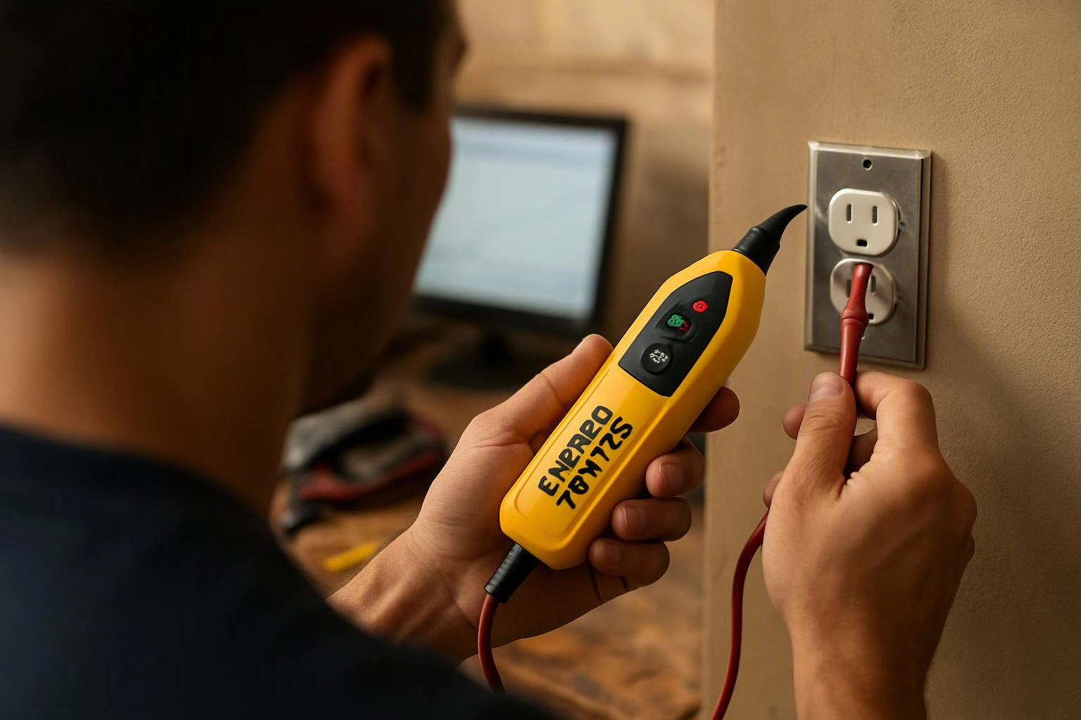 A person tests a wall outlet with a yellow electrical device while holding a red probe in a room with a blurred monitor