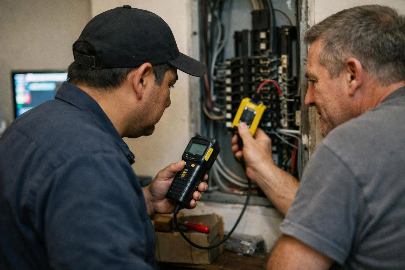 Two men inspect an open electrical panel with handheld testers in a cramped utility room