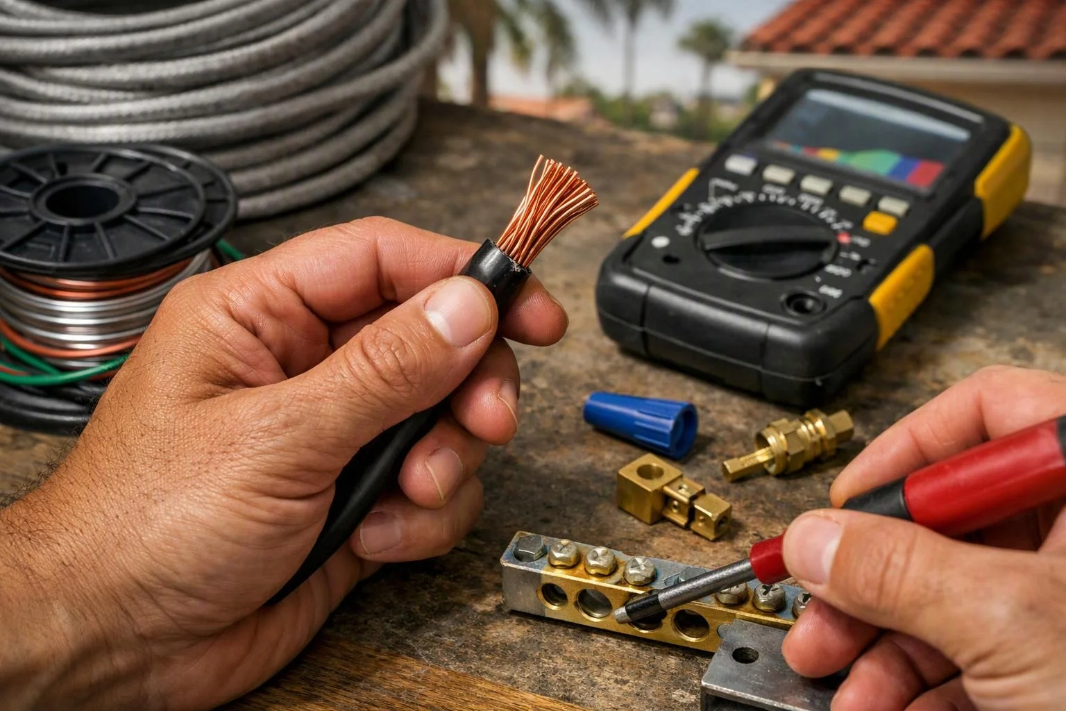 Hands hold a stripped cable and screwdriver beside wire connectors, a multimeter, and coiled electrical wire on a workbench