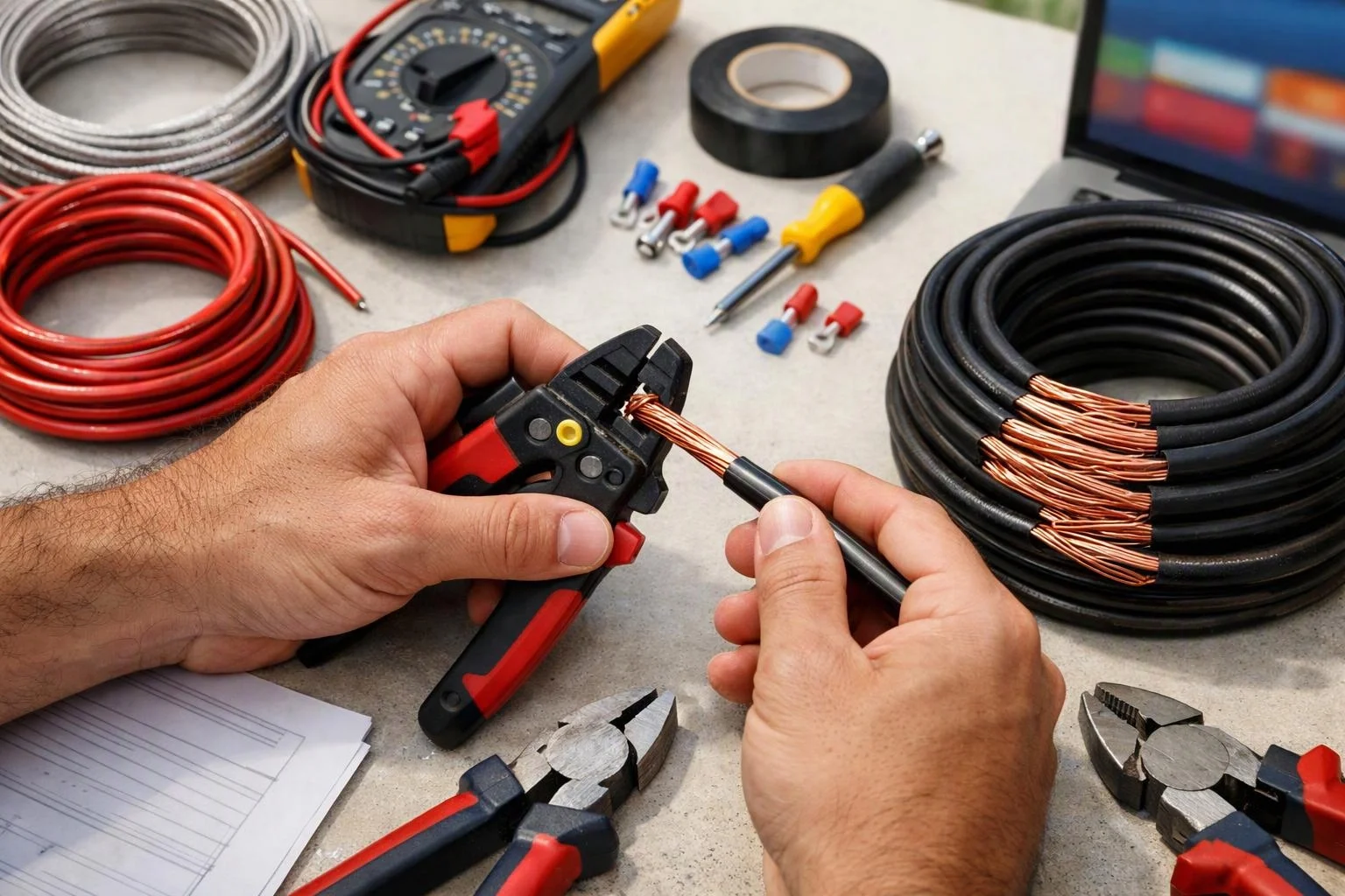 Hands strip a black cable with copper wires on a workbench surrounded by pliers, coils, and electrical tools