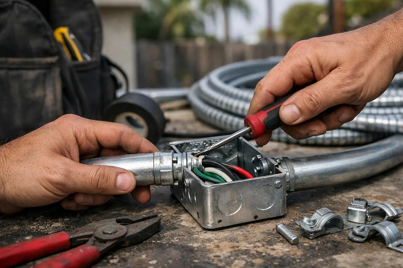 Hands use a screwdriver and hold metal conduit while wiring a junction box on a workbench