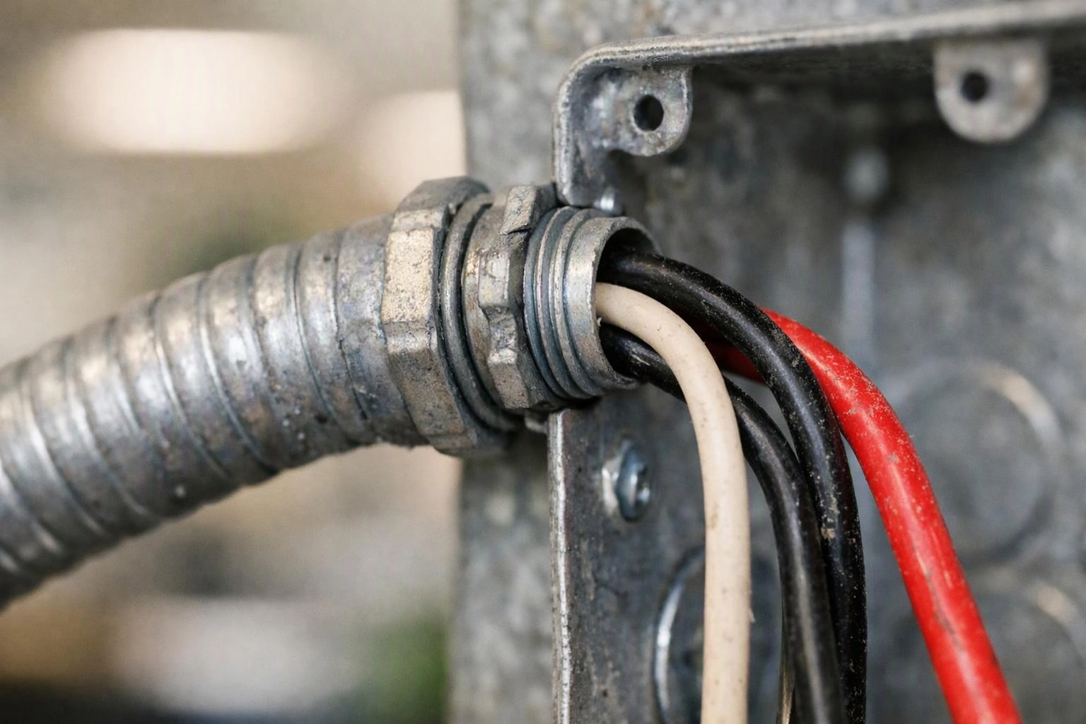 A metal conduit feeds black, white, and red wires into a gray electrical box outdoors