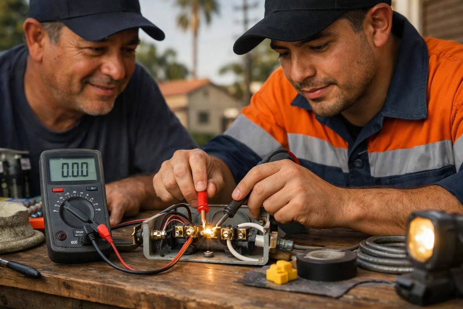 Two workers test wiring with a multimeter and probes on a wooden table outdoors