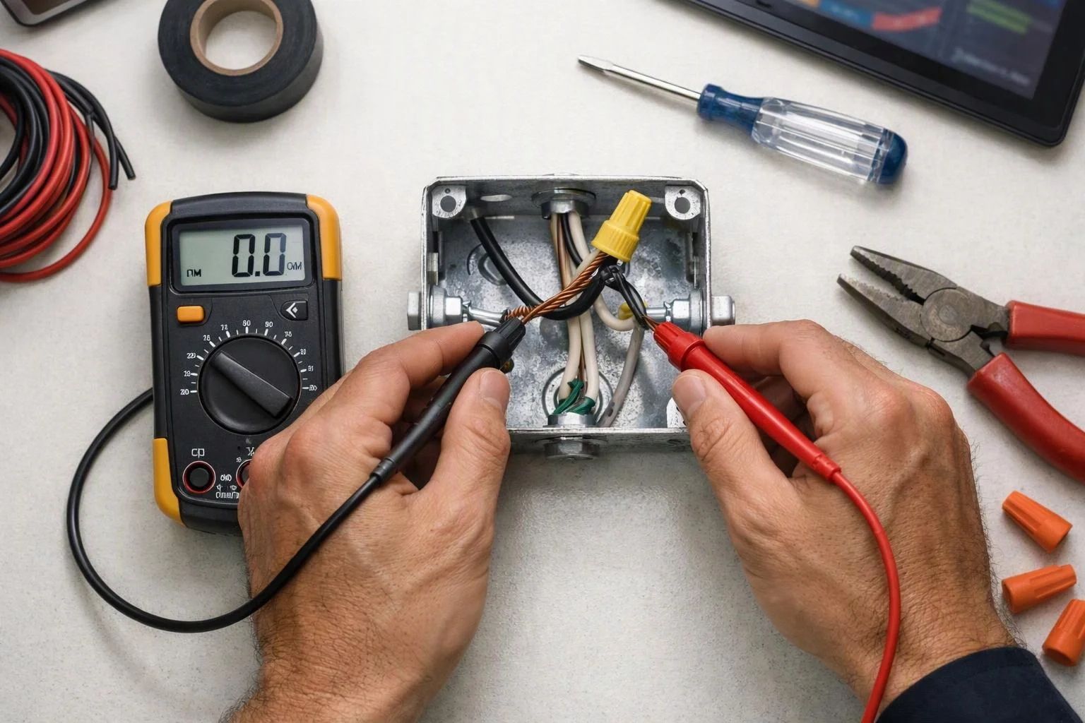 Hands test wires inside a metal junction box beside a digital multimeter and tools on a white work surface