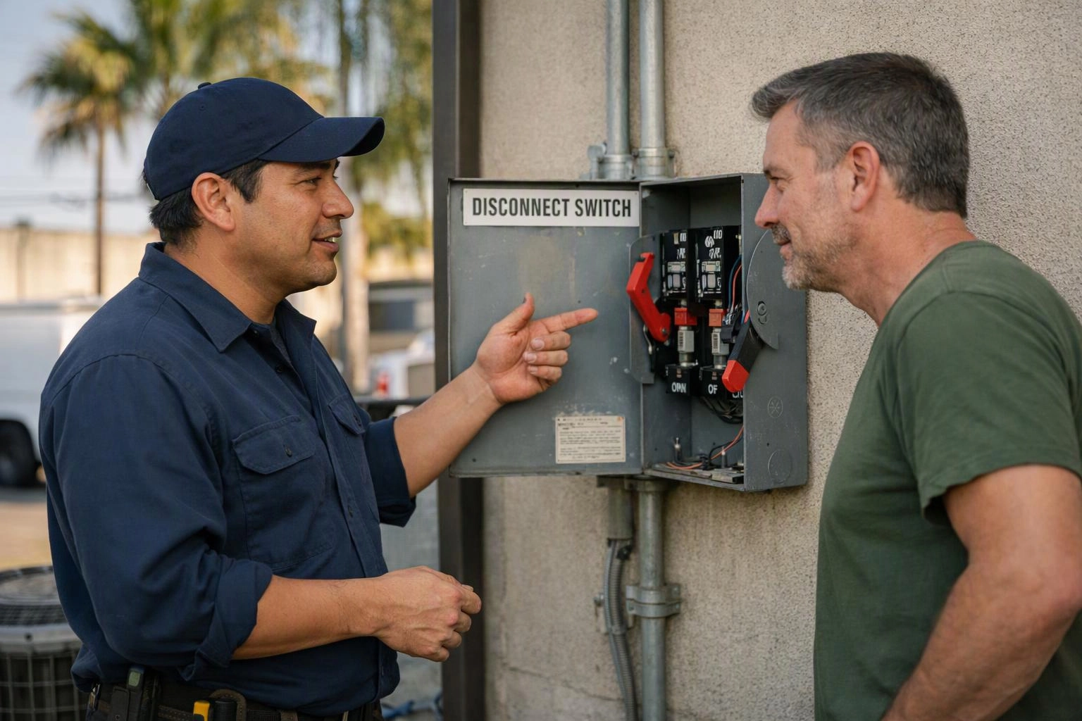 Two men stand beside an open electrical disconnect switch, one pointing at the panel while they talk outdoors