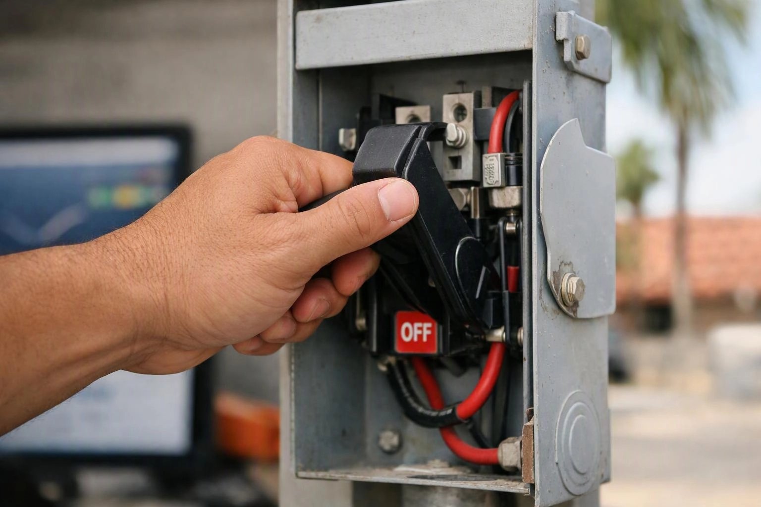 A hand flips a black switch inside an open metal electrical box with red wires and an OFF label