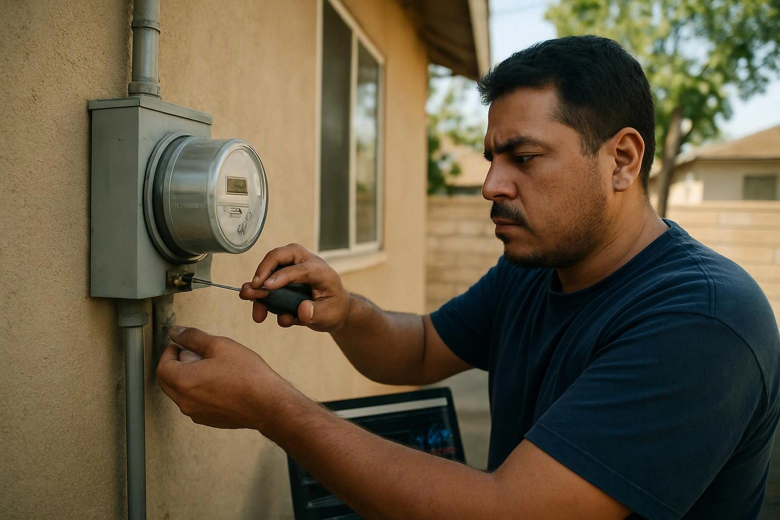 A man uses a screwdriver to work on an outdoor electric meter mounted on a stucco wall