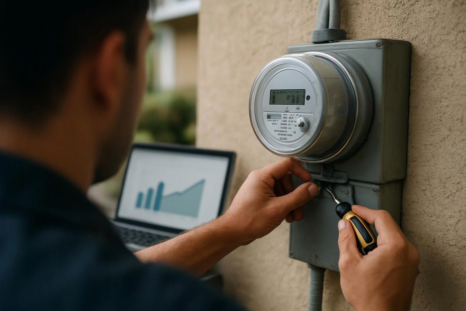A person opens an outdoor electric meter box with a screwdriver beside a laptop showing a chart