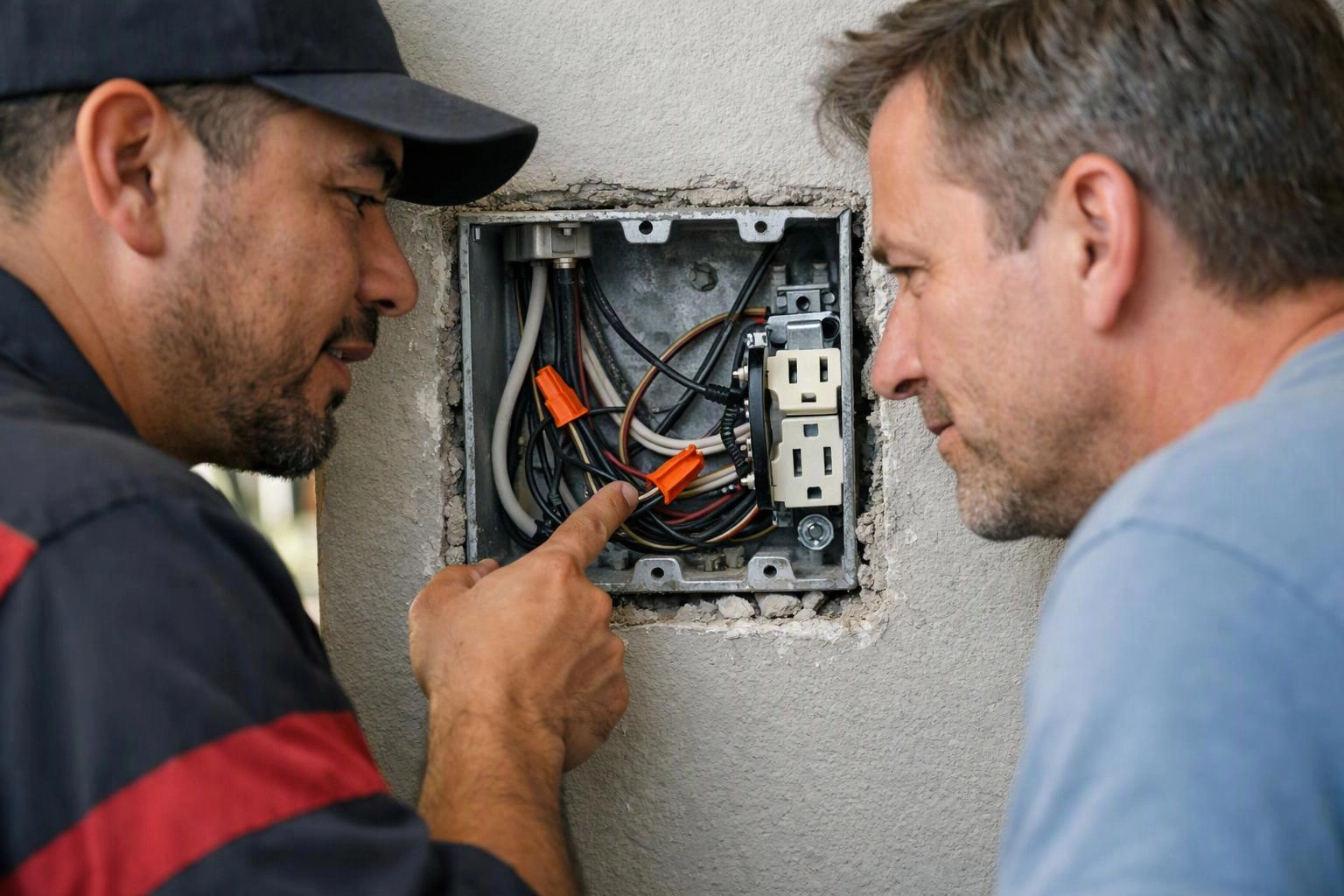 Two men inspect an open electrical box in a wall, with one pointing at the wiring inside