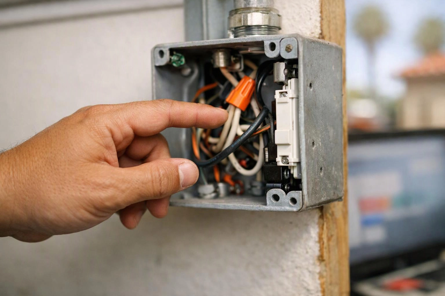 A hand points at wiring inside an open metal electrical box mounted on a wall