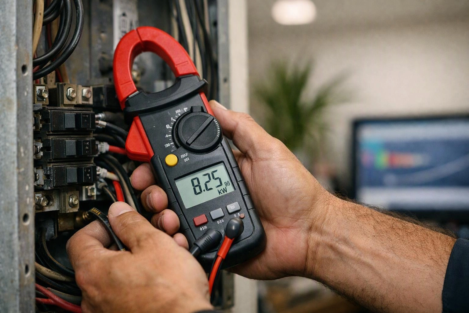 A person holds a clamp meter against electrical wiring inside an open panel, with a blurred monitor in the background