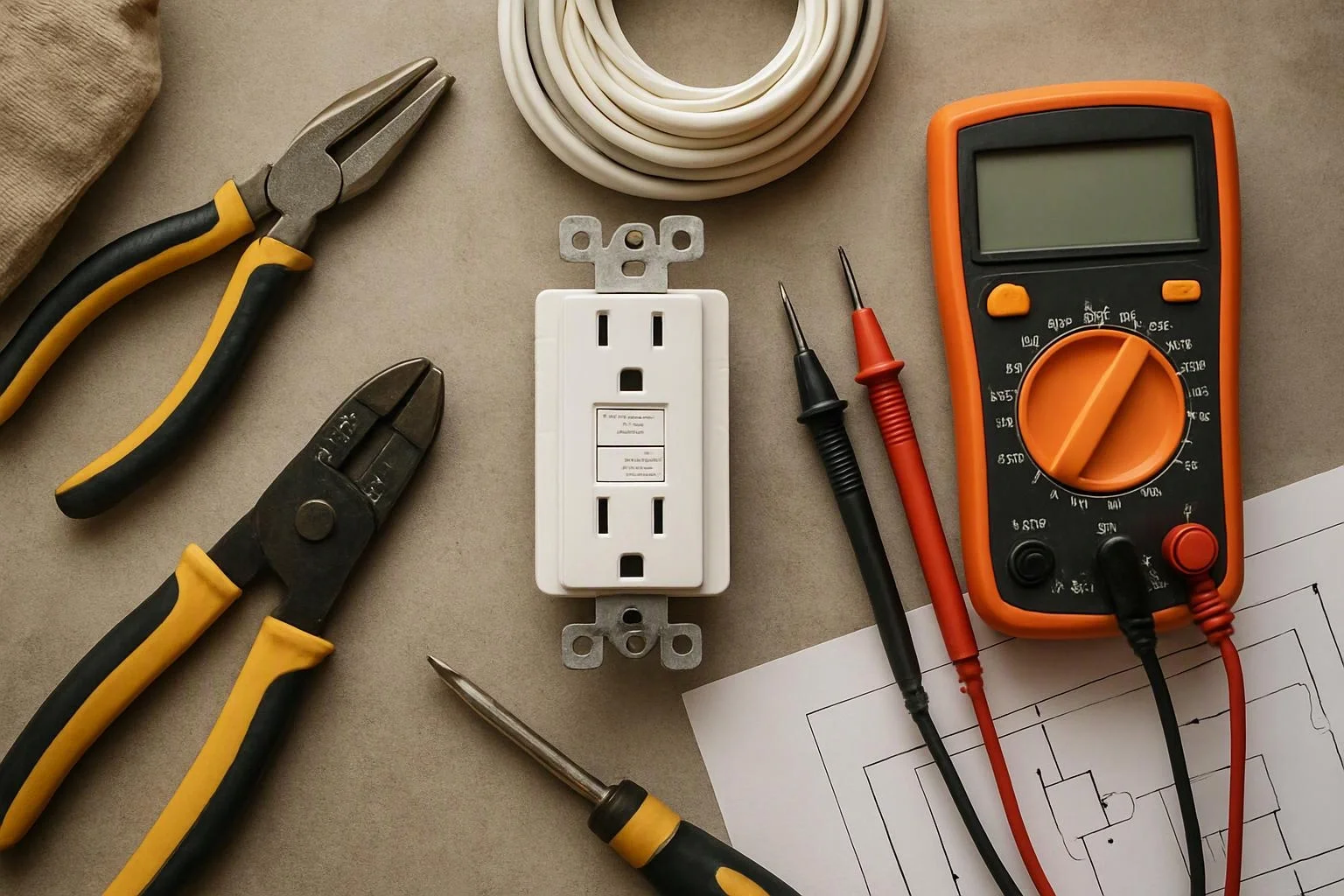 Electrical tools and a wall outlet sit on a work surface with a wiring diagram underneath