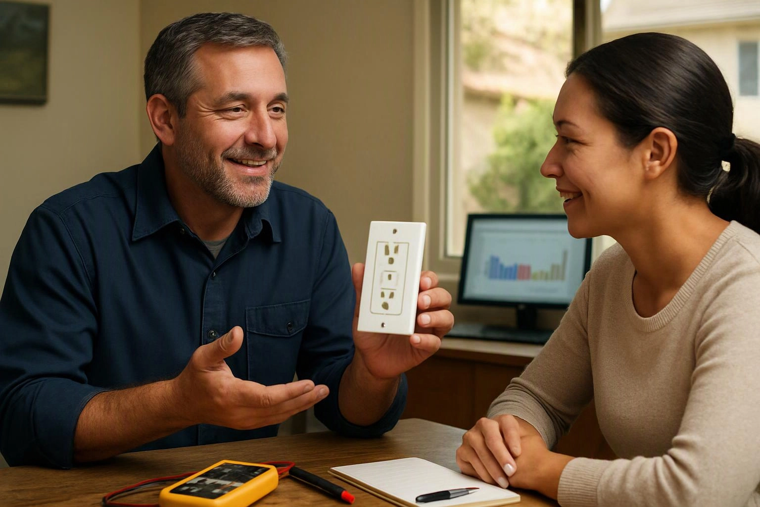 A man shows a wall outlet cover to a smiling woman across a table in a bright office