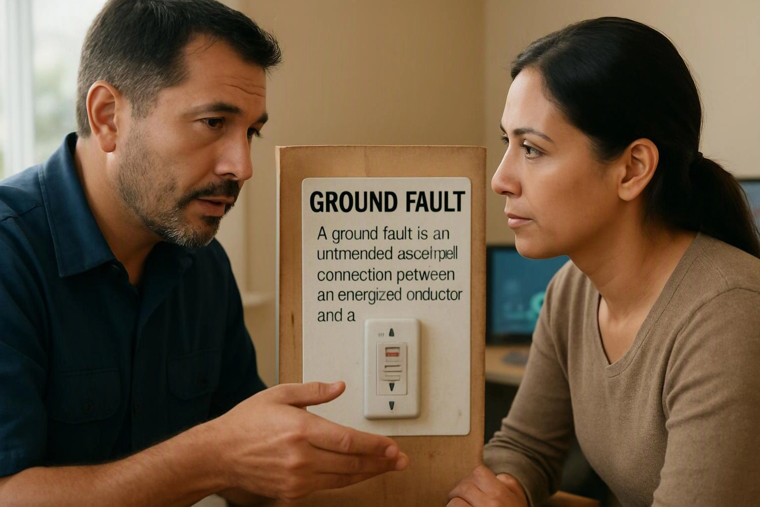 A man and woman face each other beside a sign labeled “GROUND FAULT” with a wall switch display