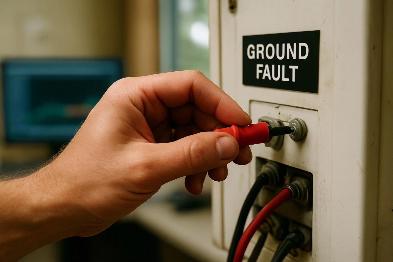 A hand connects a red test probe to a labeled electrical panel marked “GROUND FAULT”