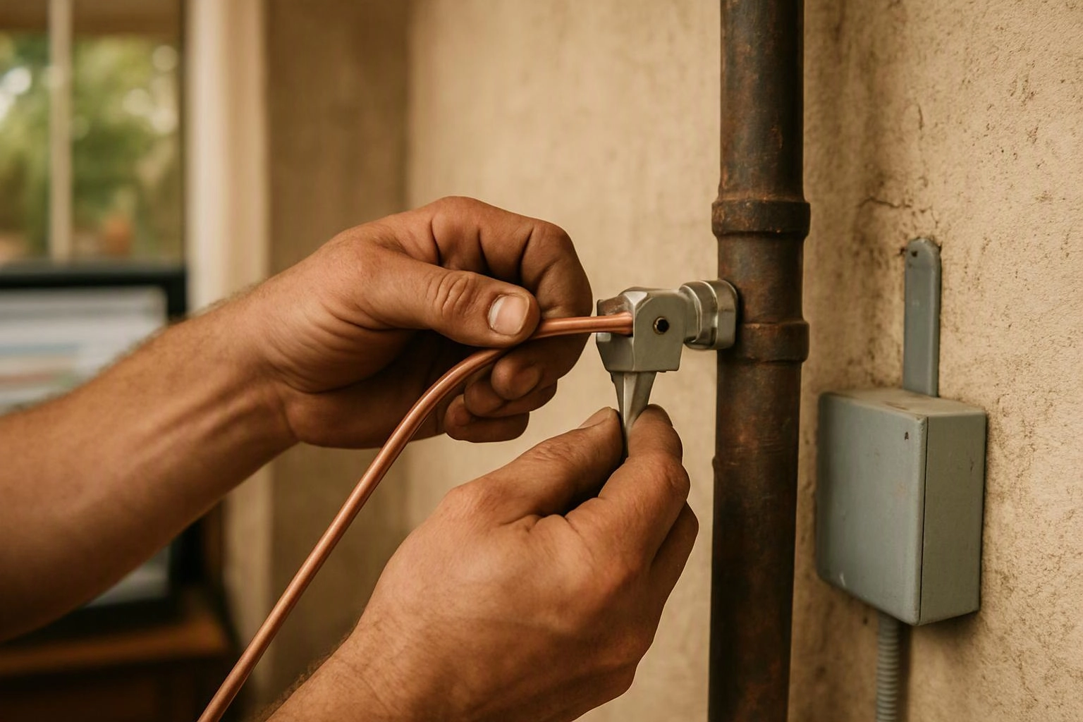 Hands attach a copper wire to a metal pipe fitting against a beige wall