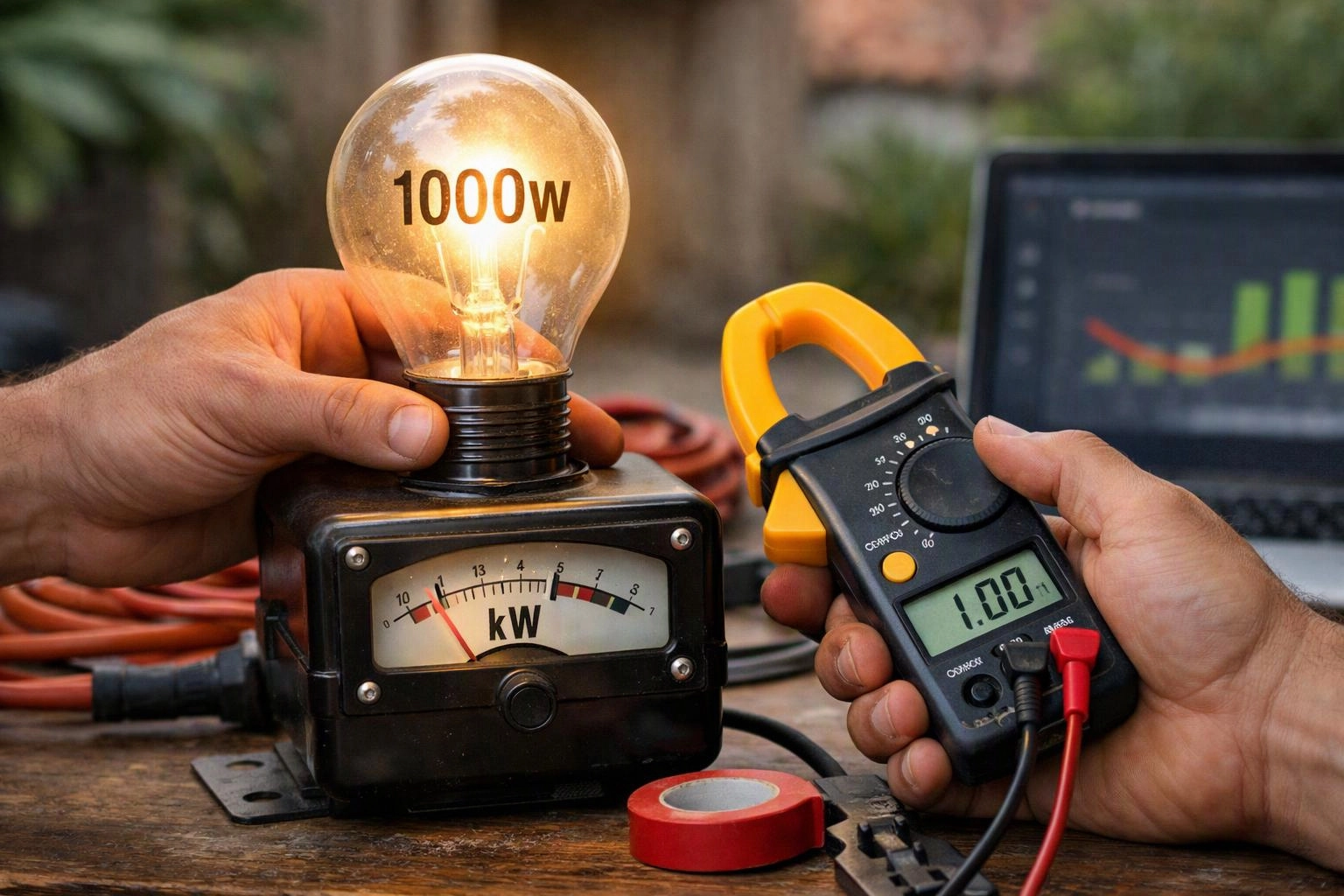 Hands test a glowing 1000w bulb with a clamp meter and analog power gauge on a wooden workbench