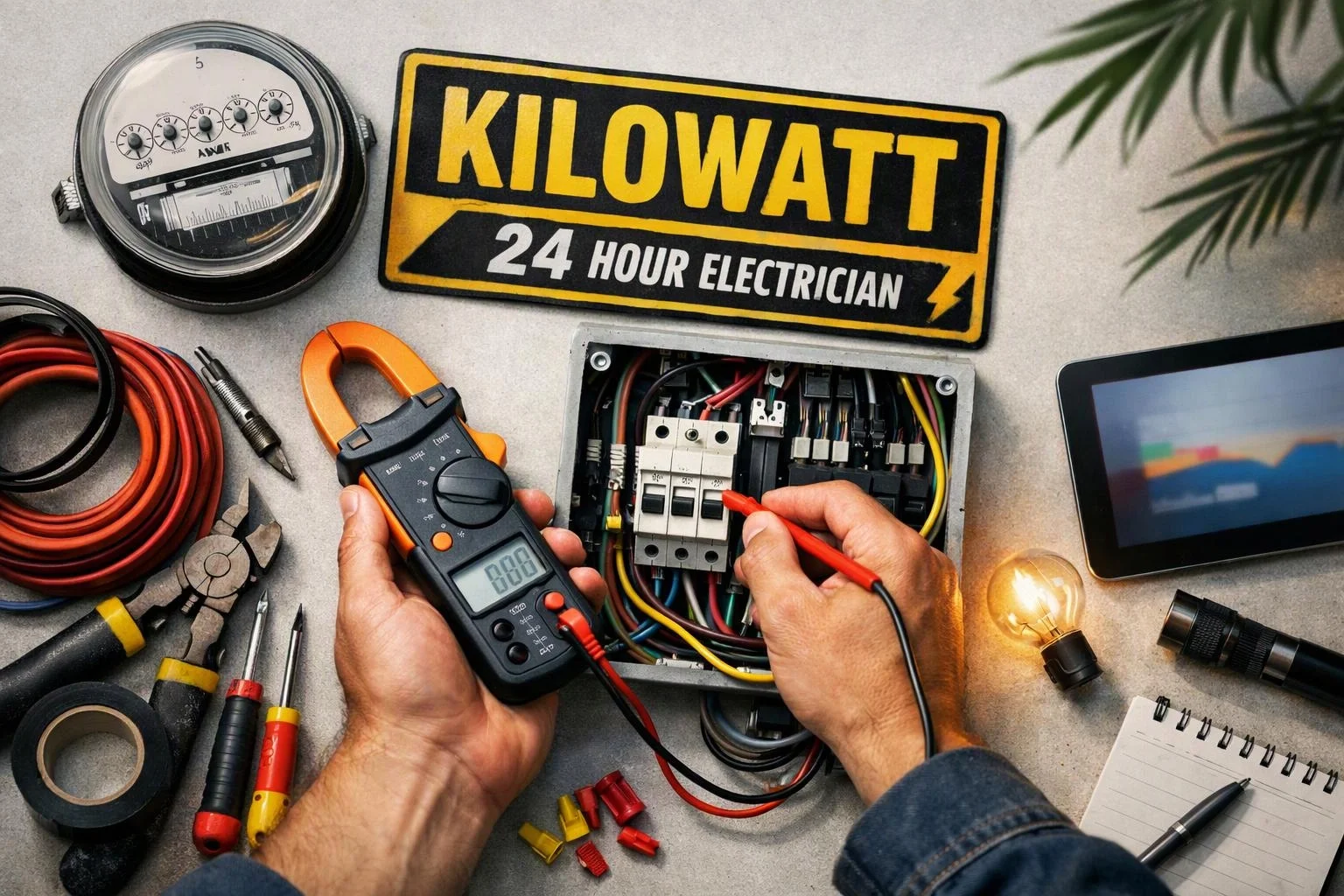 Hands test an open electrical panel with a clamp meter, surrounded by tools and a glowing bulb on a workbench