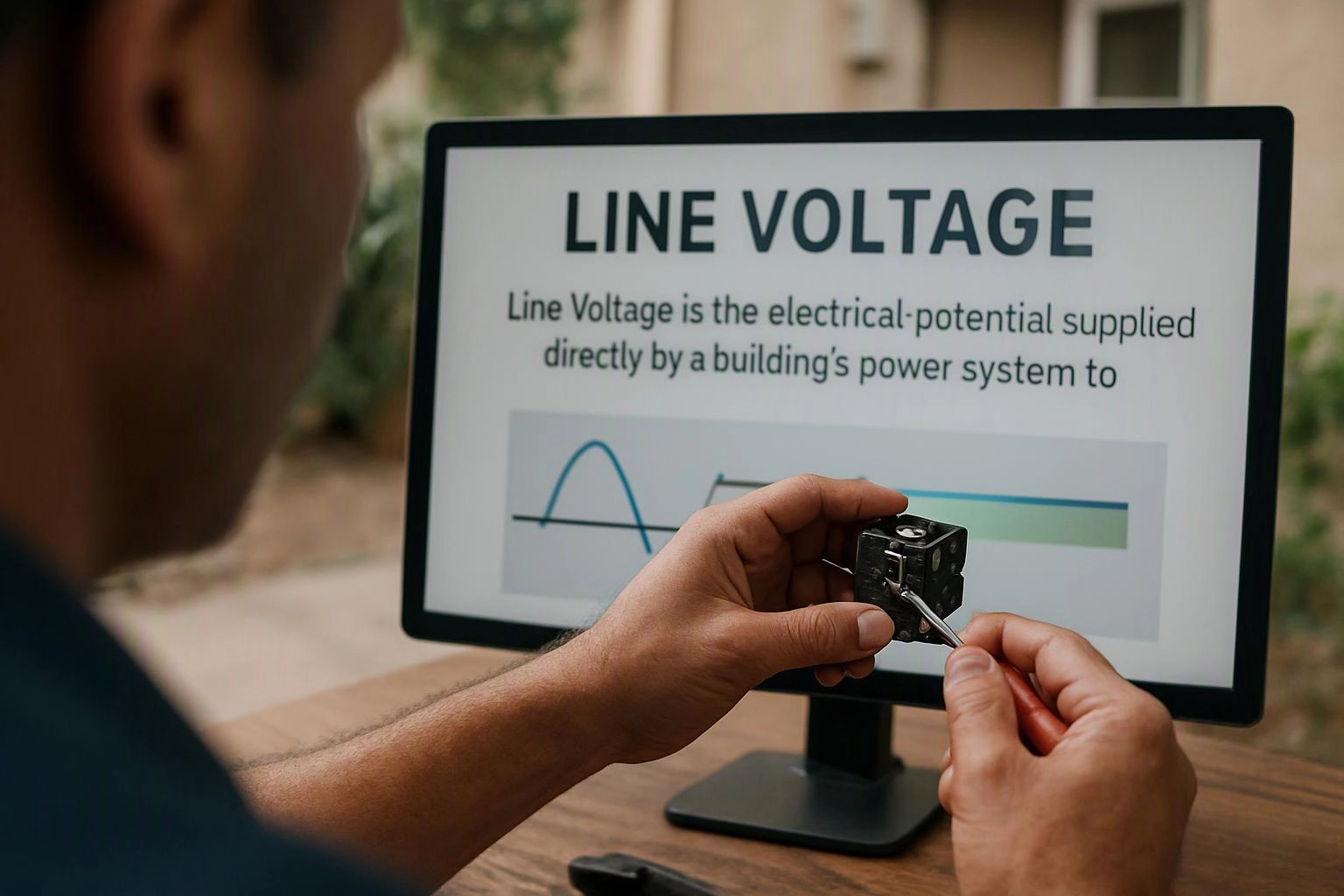A person repairs a small electrical component while a monitor shows a “LINE VOLTAGE” diagram