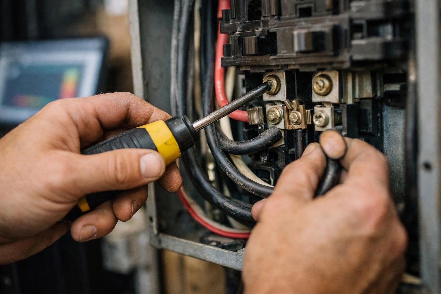 Hands use a screwdriver to tighten wiring inside an open electrical panel