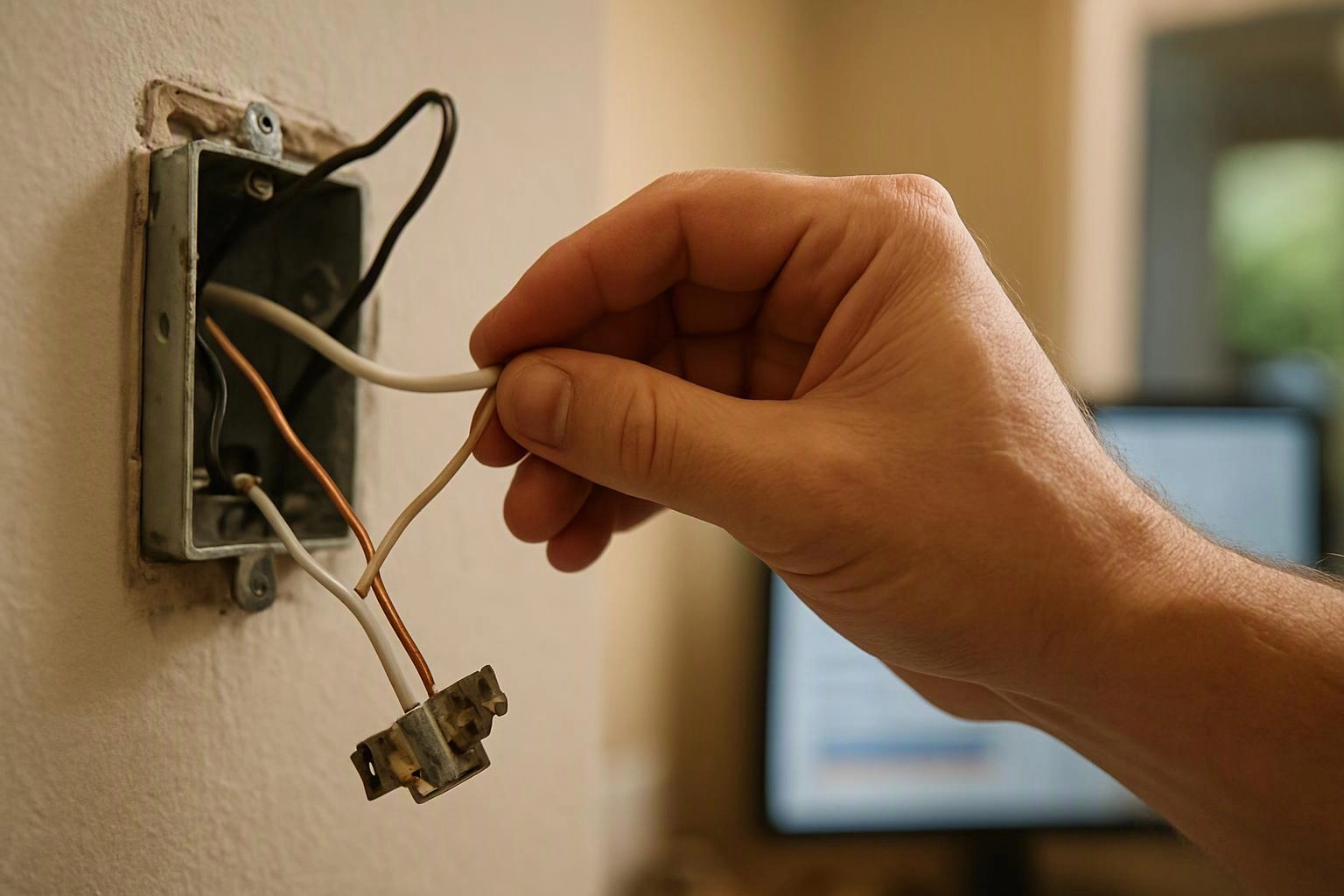 A hand holds loose electrical wires beside an open wall box in a room