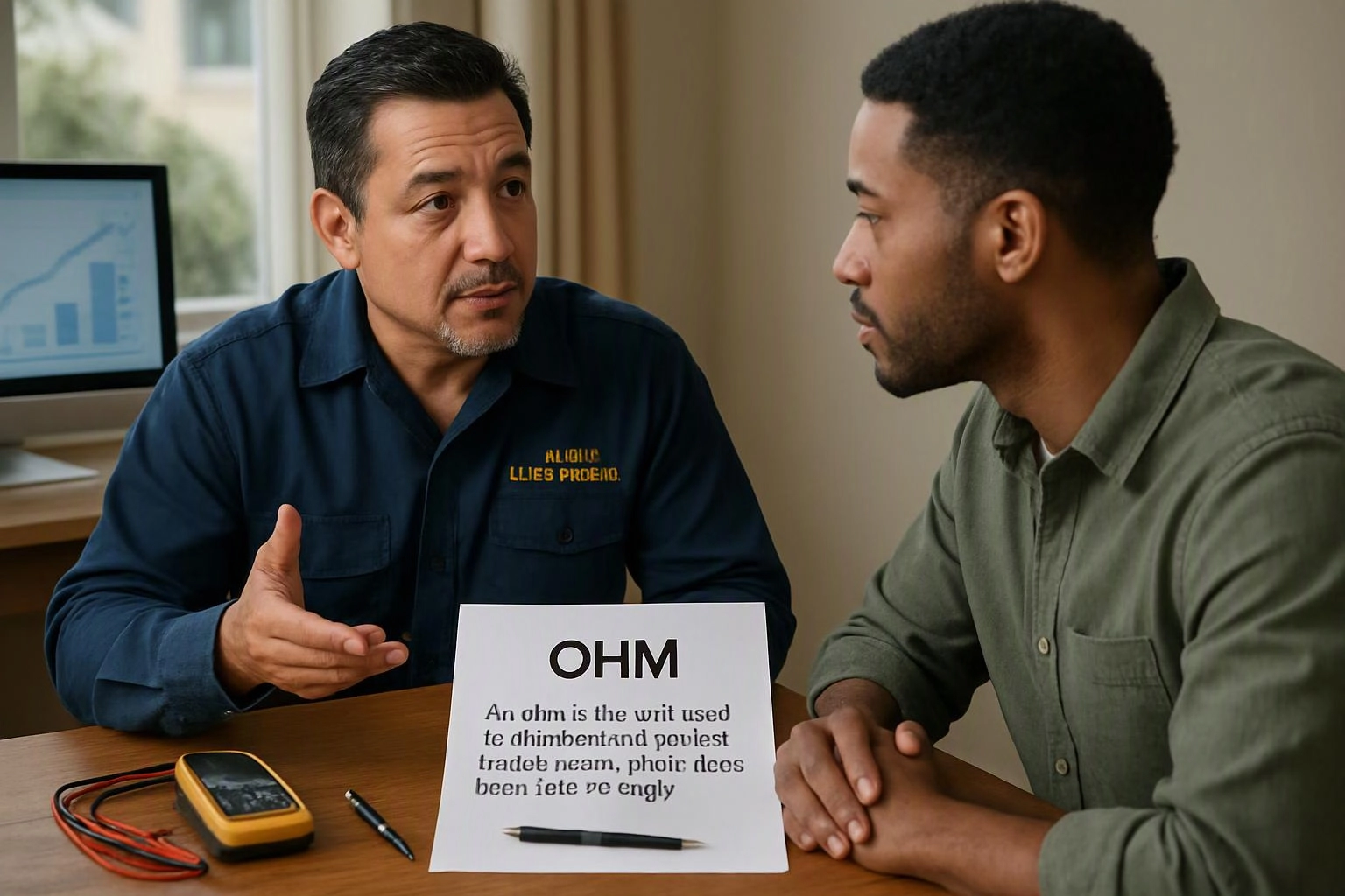 Two men talk at a table beside a sign reading “OHM,” with a meter and pen in front of them