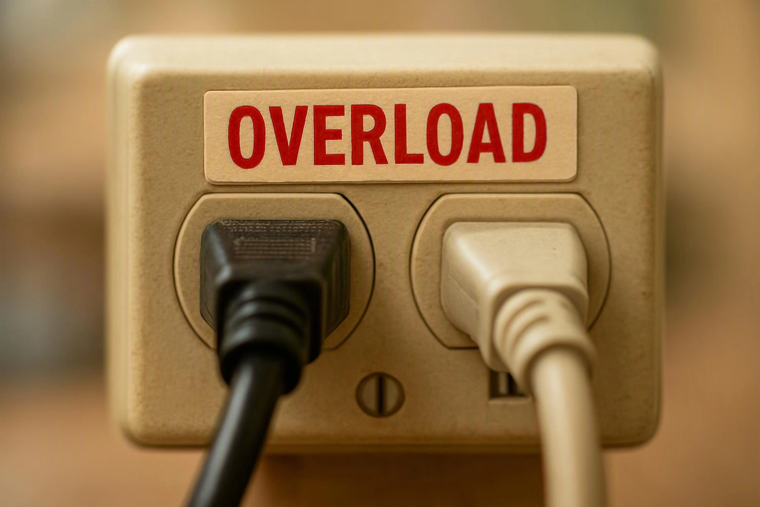 A beige electrical outlet adapter holds two plugged cords and a red label reading “OVERLOAD”