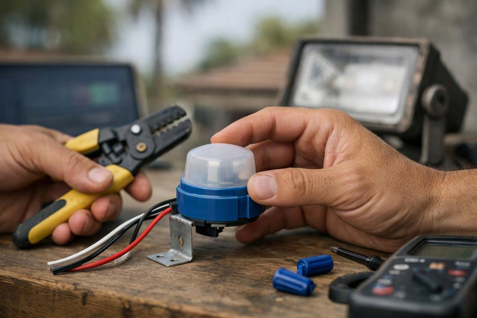 Hands install a blue sensor with wires on a wooden workbench using wire strippers outdoors
