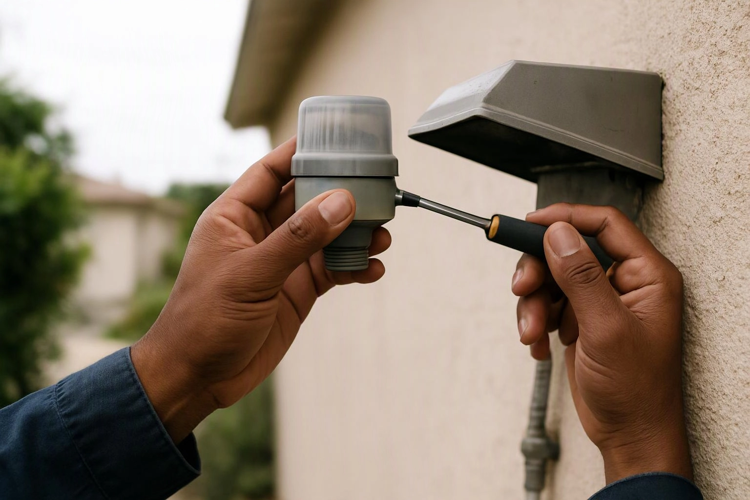 Hands use a screwdriver to install a gray outdoor light fixture on a stucco wall