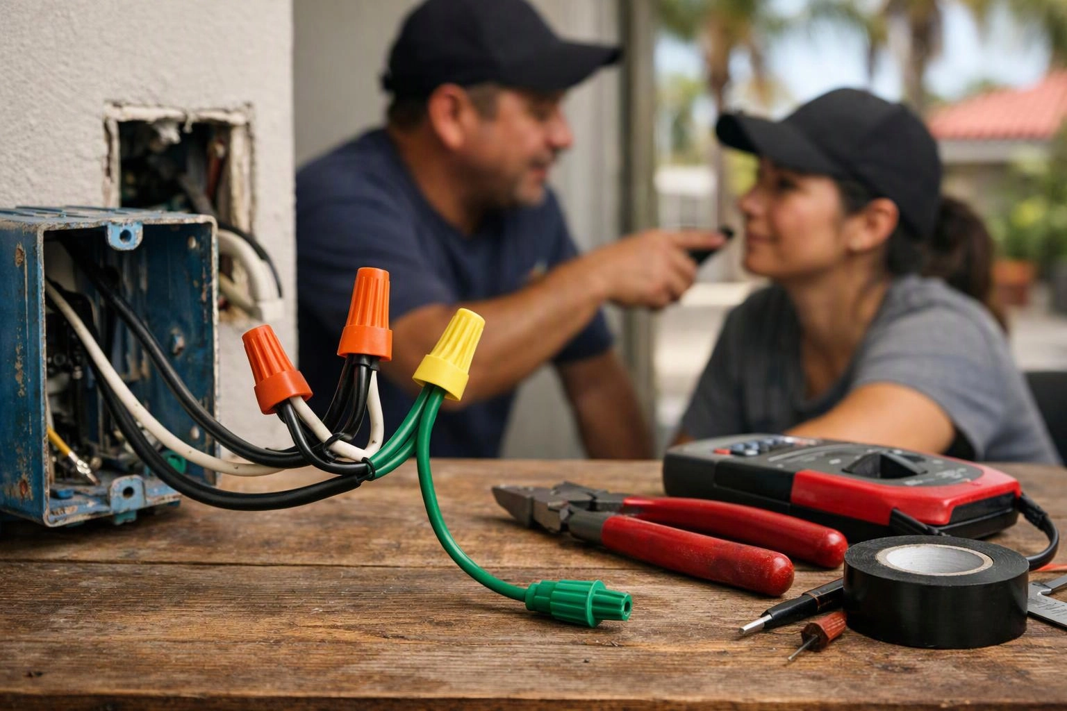 Electrical wires with colored wire nuts hang from a wall box while tools rest on a wooden table