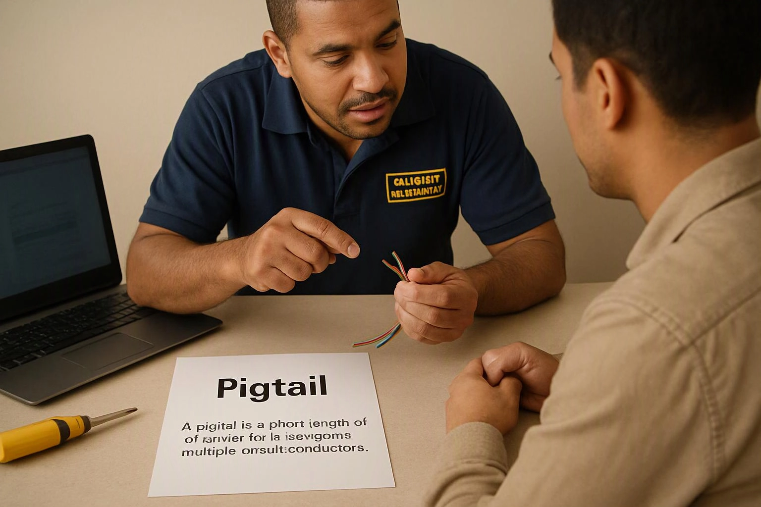 A man in a navy shirt explains colored wires to another man at a desk with a laptop and paper labeled "Pigtail"