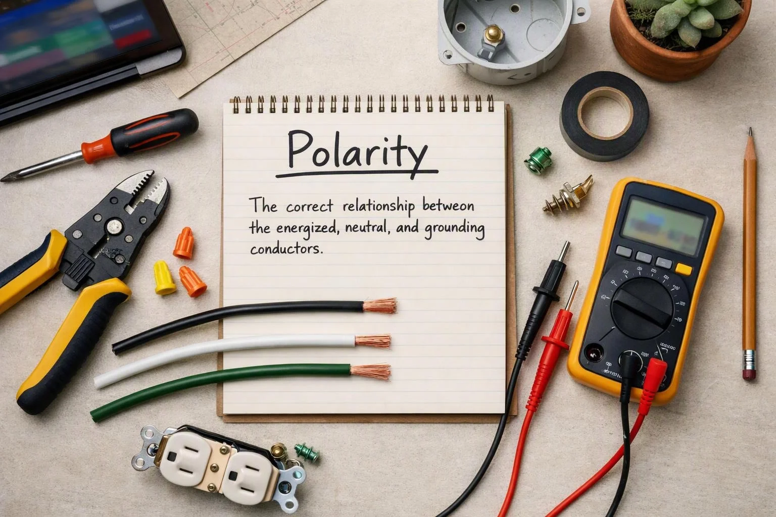 An electrical tools layout surrounds a notebook labeled “Polarity” with exposed wire ends and a multimeter on a work surface