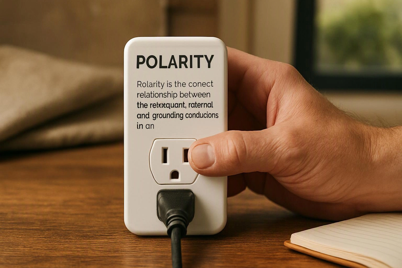 A hand holds a white power adapter with visible text and a plugged-in cord on a wooden table
