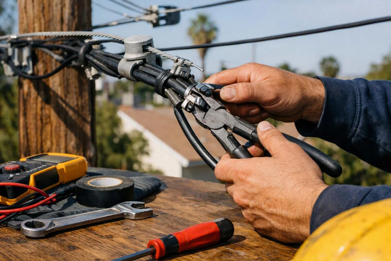 Hands use pliers to work on bundled power cables beside tools on a wooden utility pole platform