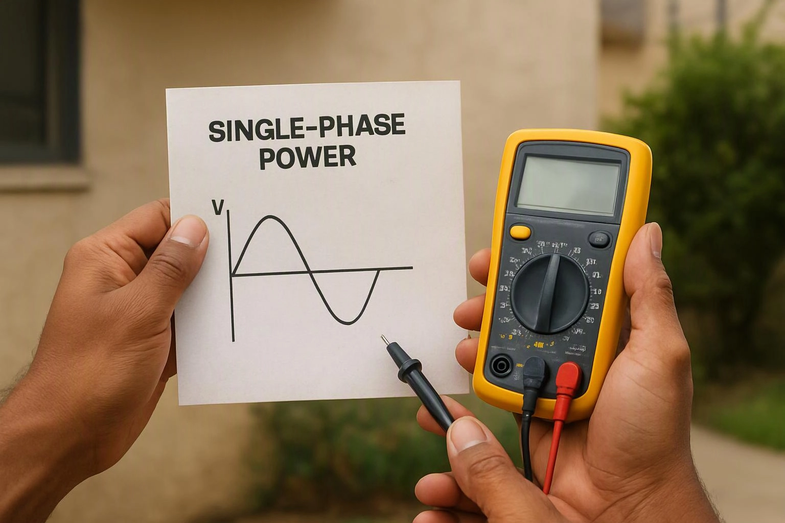 Hands hold a paper labeled single-phase power and a yellow digital multimeter with test probes outdoors