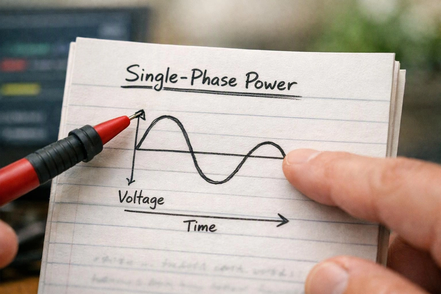 A hand points to a handwritten sine wave diagram labeled Single-Phase Power on lined paper