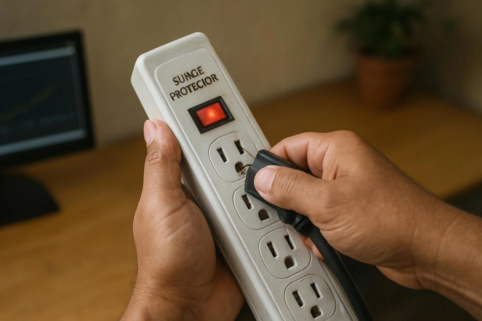 Hands plug a black cord into a white surge protector on a wooden desk