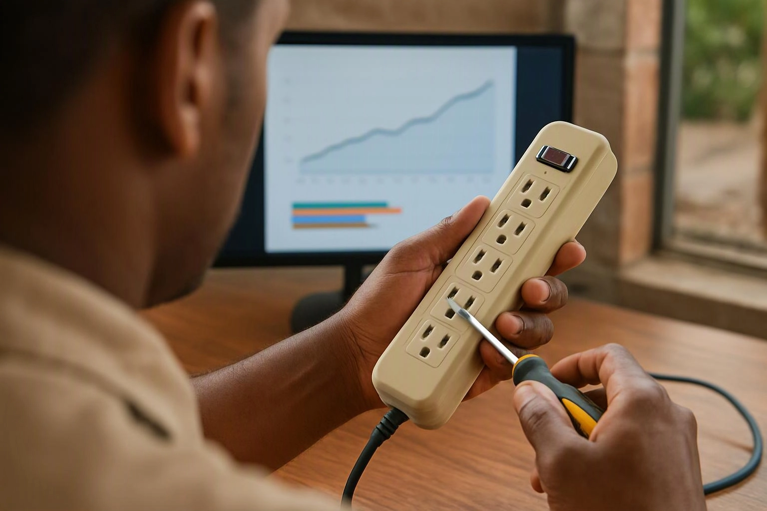 A person repairs a beige power strip with a screwdriver at a desk, with a chart on a monitor behind him