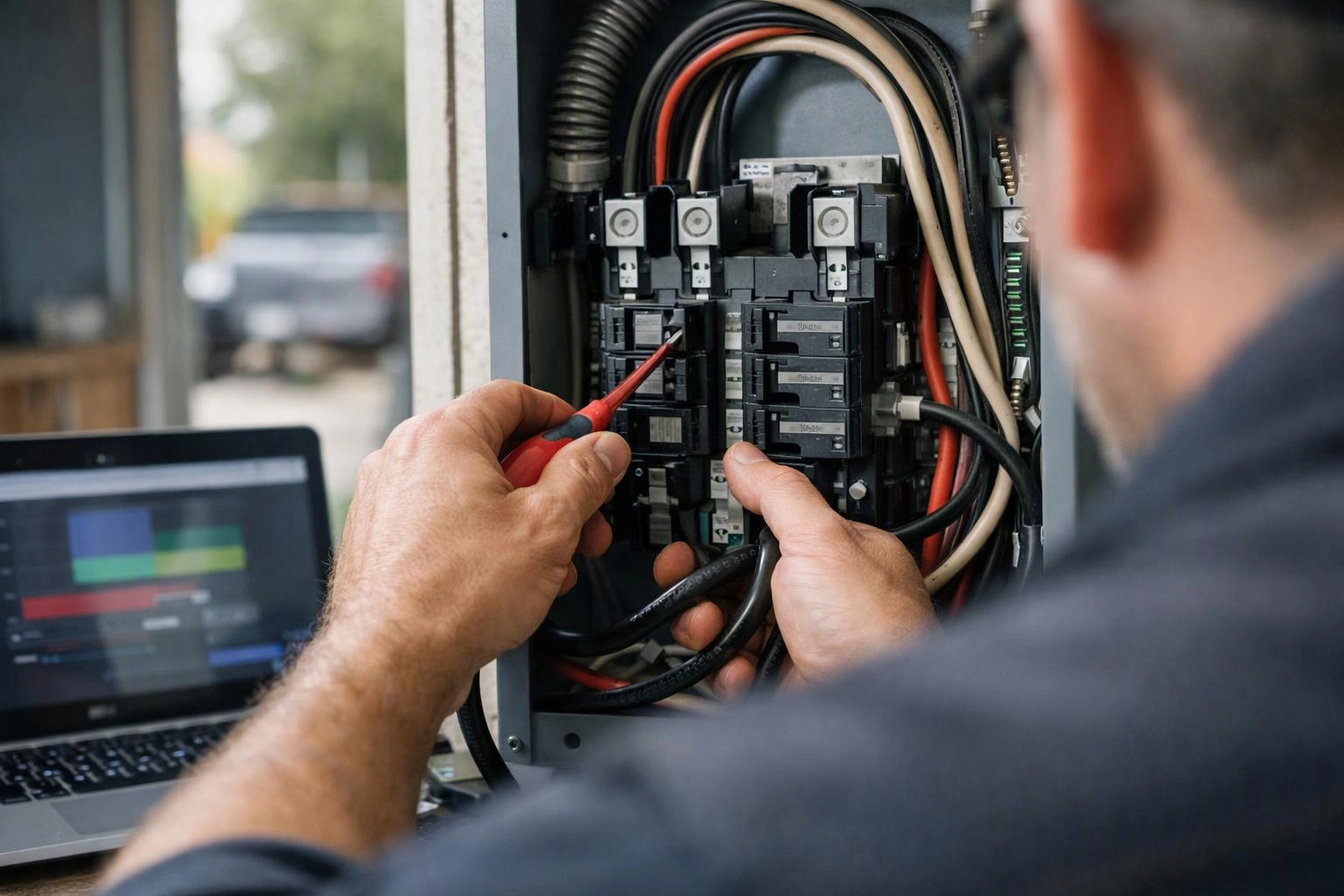 A technician tests a circuit breaker panel with a red probe beside an open laptop outdoors
