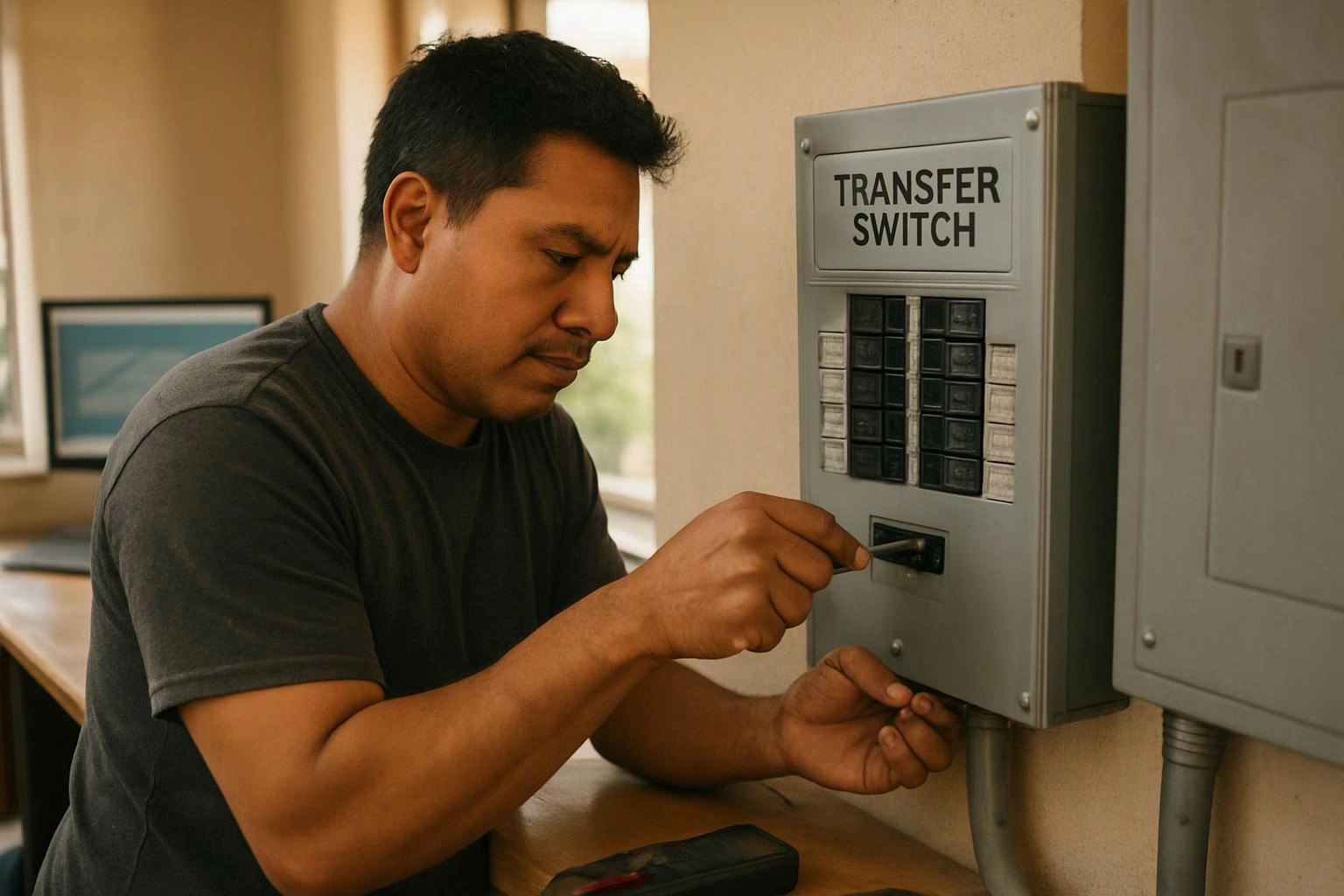 A man adjusts a labeled transfer switch box on a wall in a bright indoor utility room