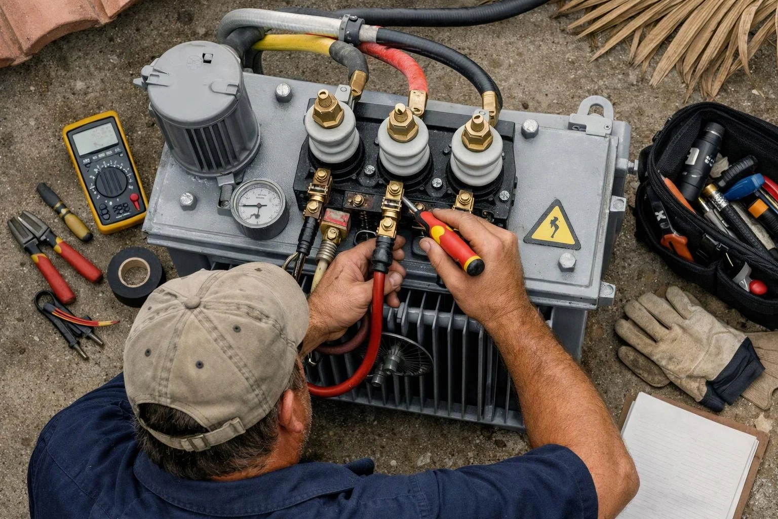 A technician tests an electrical transformer outdoors, using probes and tools beside gauges, gloves, and a multimeter