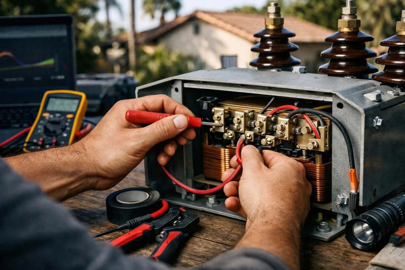 Hands wire an open electrical device on a wooden table with meters, tools, and test leads nearby