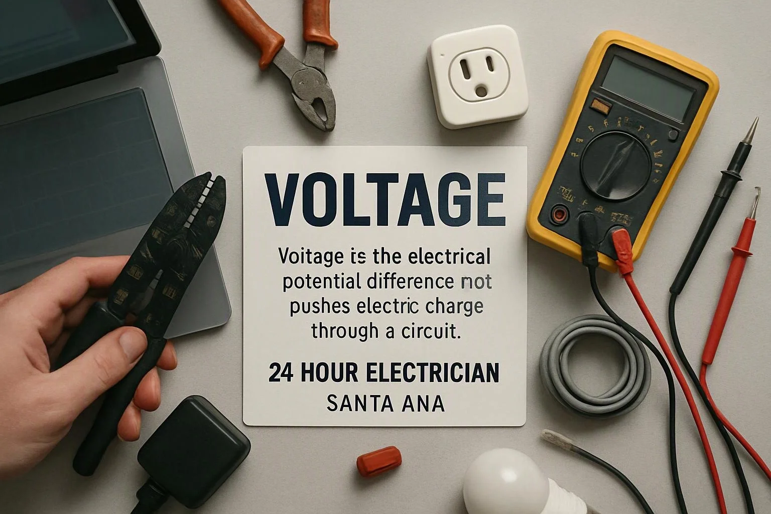 A hand holds wire cutters beside electrical tools and a sign reading “VOLTAGE” and “24 HOUR ELECTRICIAN”