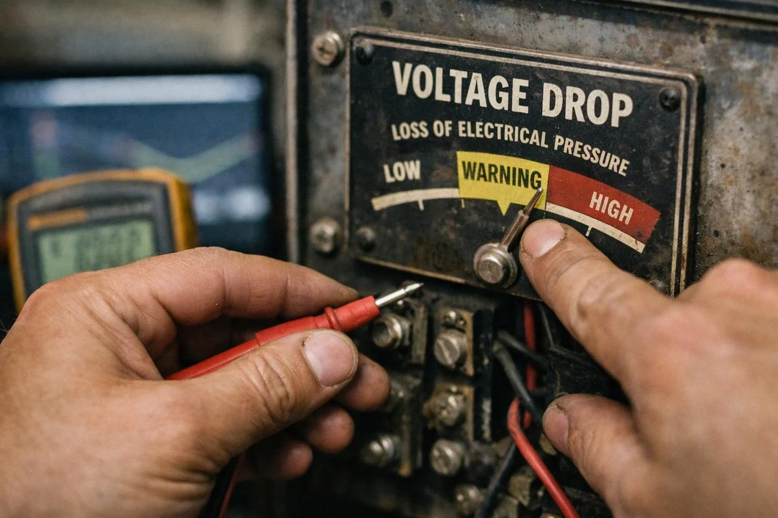 Hands adjust an old voltage drop control panel with a red probe and wires in close-up